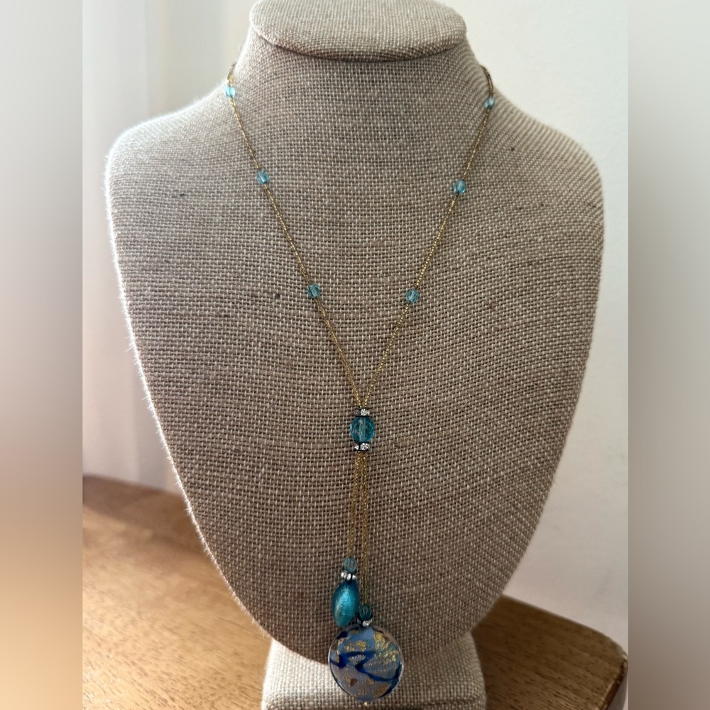 Murano Glass Made in Italy Gold and Blue Pendant Y Necklace NWT